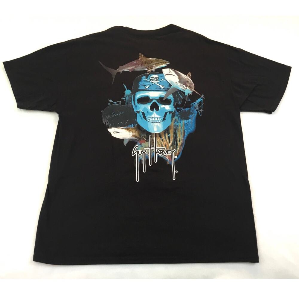 Guy Harvey Pocket T-Shirt Black Pirate Skull Bones Sharks L